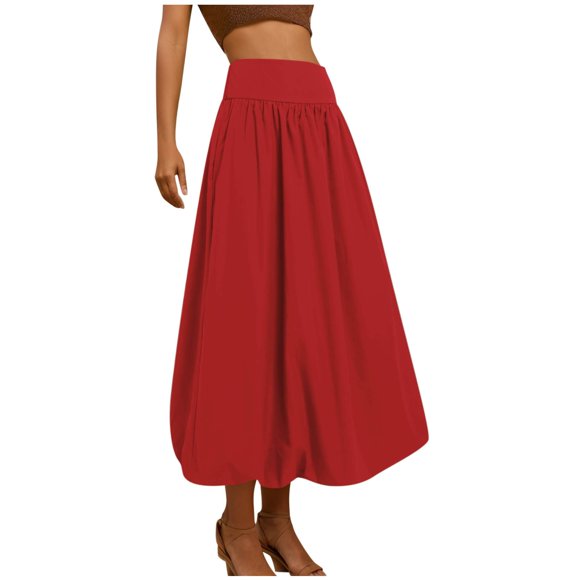 Aocisk Women Maxi Skirt with Elastic Waist Flowy A-Line Ruffle Hem Balloon Design Long Puff Skirt RD2 S