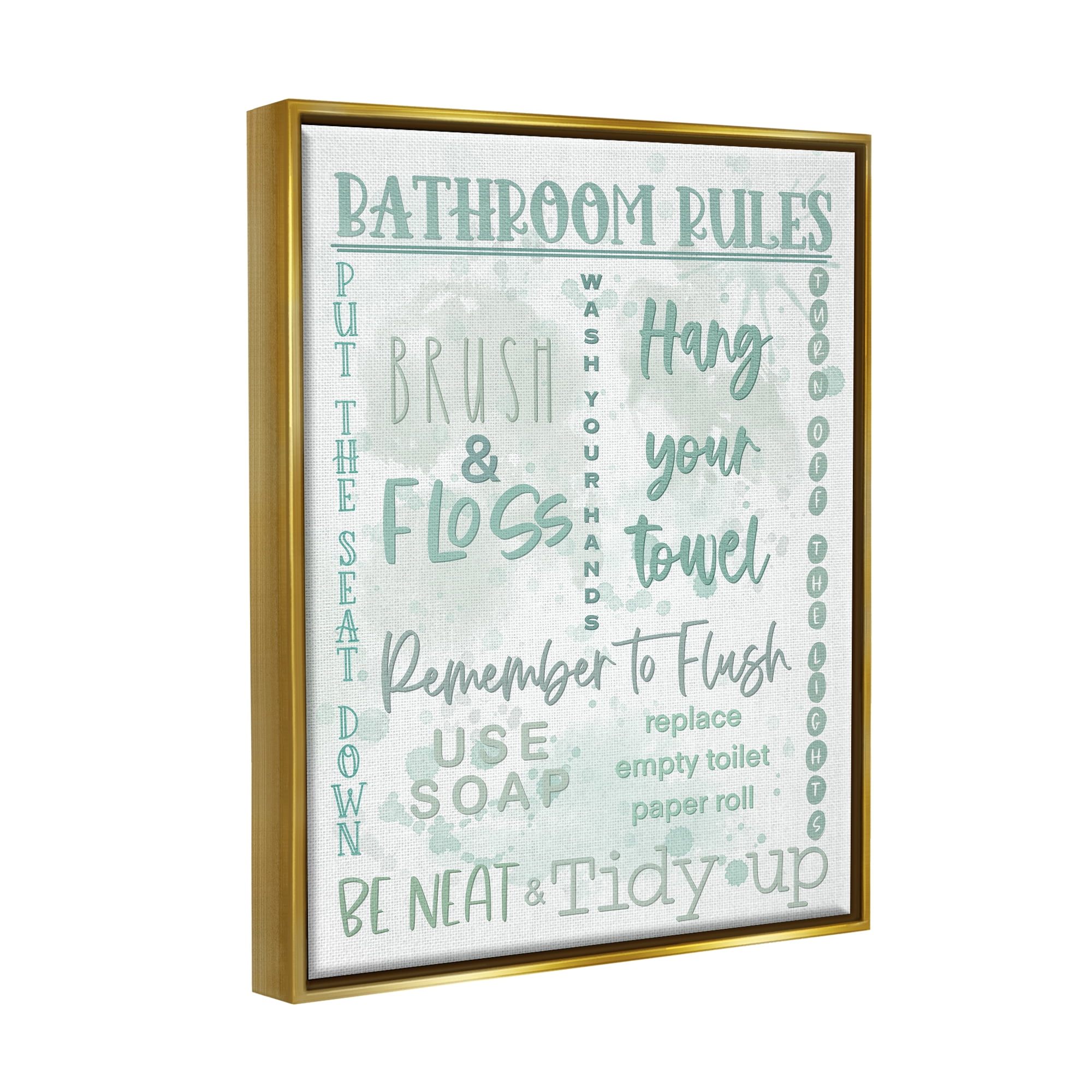 Stupell Industries Green Bathroom Rules Typography Painting Gold Floater Framed Canvas Art Print Wall Art, 25 x 31