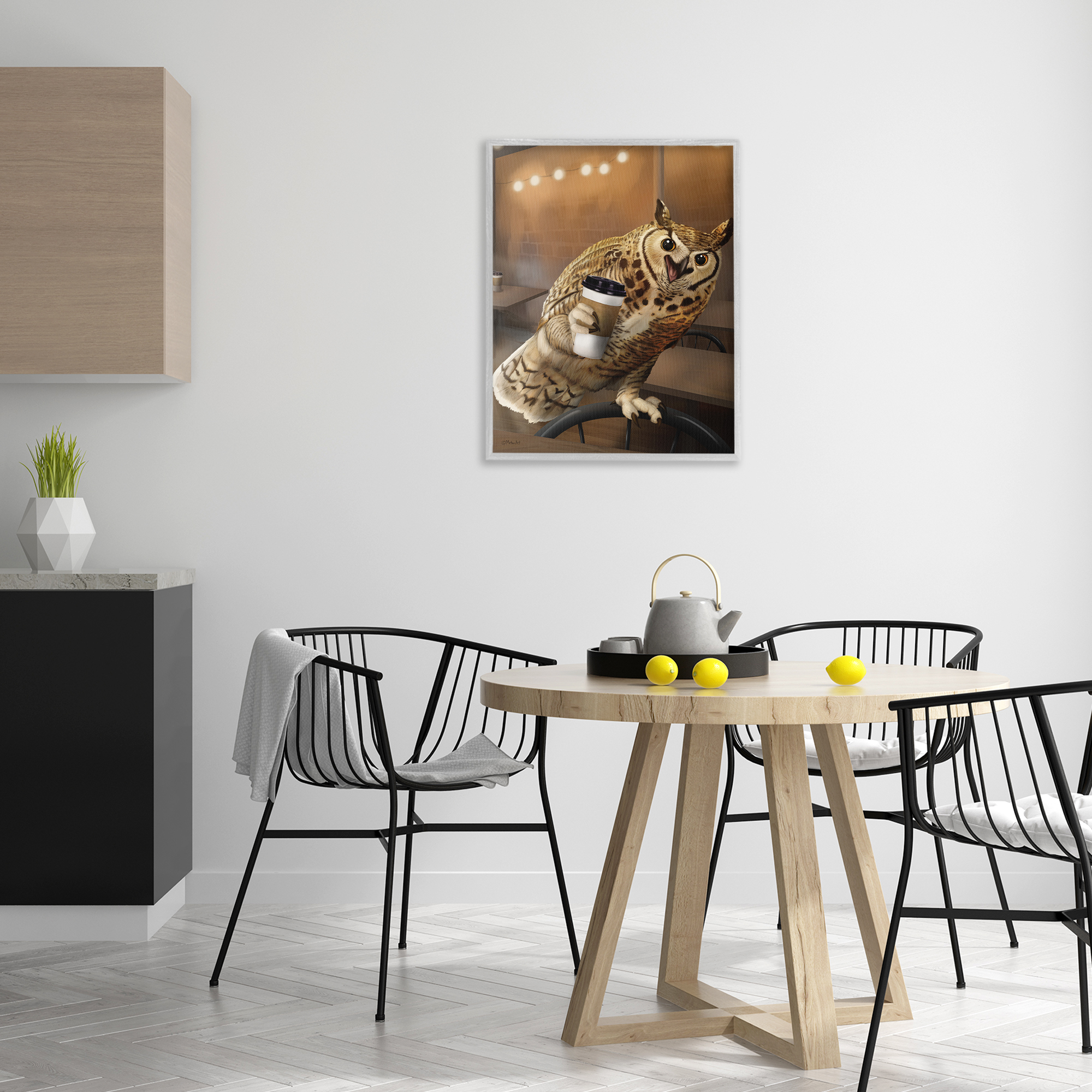 Stupell Industries Owl with Coffee Cup Food & Beverage Painting Gray Framed Art Print Wall Art, 24 x 30