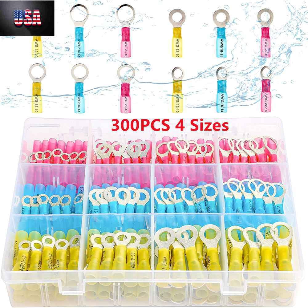 300pcs Waterproof 22-10AWG Heat Shrink Wire Connectors Crimp Ring Terminals Kit