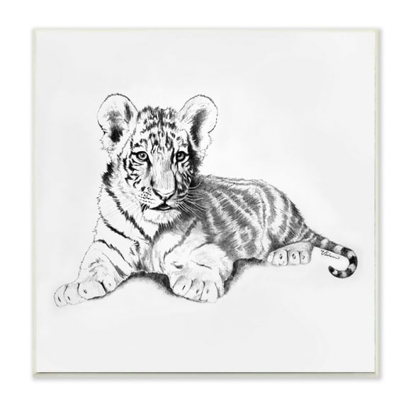Stupell Industries Black and White Baby Tiger Large Cat Animal Design Wall Plaque Art by Vivian Rhyan
