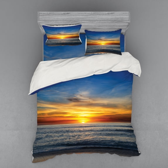 Ambesonne Ocean Bedding Set 4 Pcs, Pacific California Sunset, Queen, Orange Blue