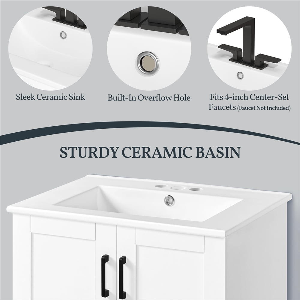 Yaheetech 34" Tall Modern Freestanding Bathroom Vanity with Ceramic Basin, White