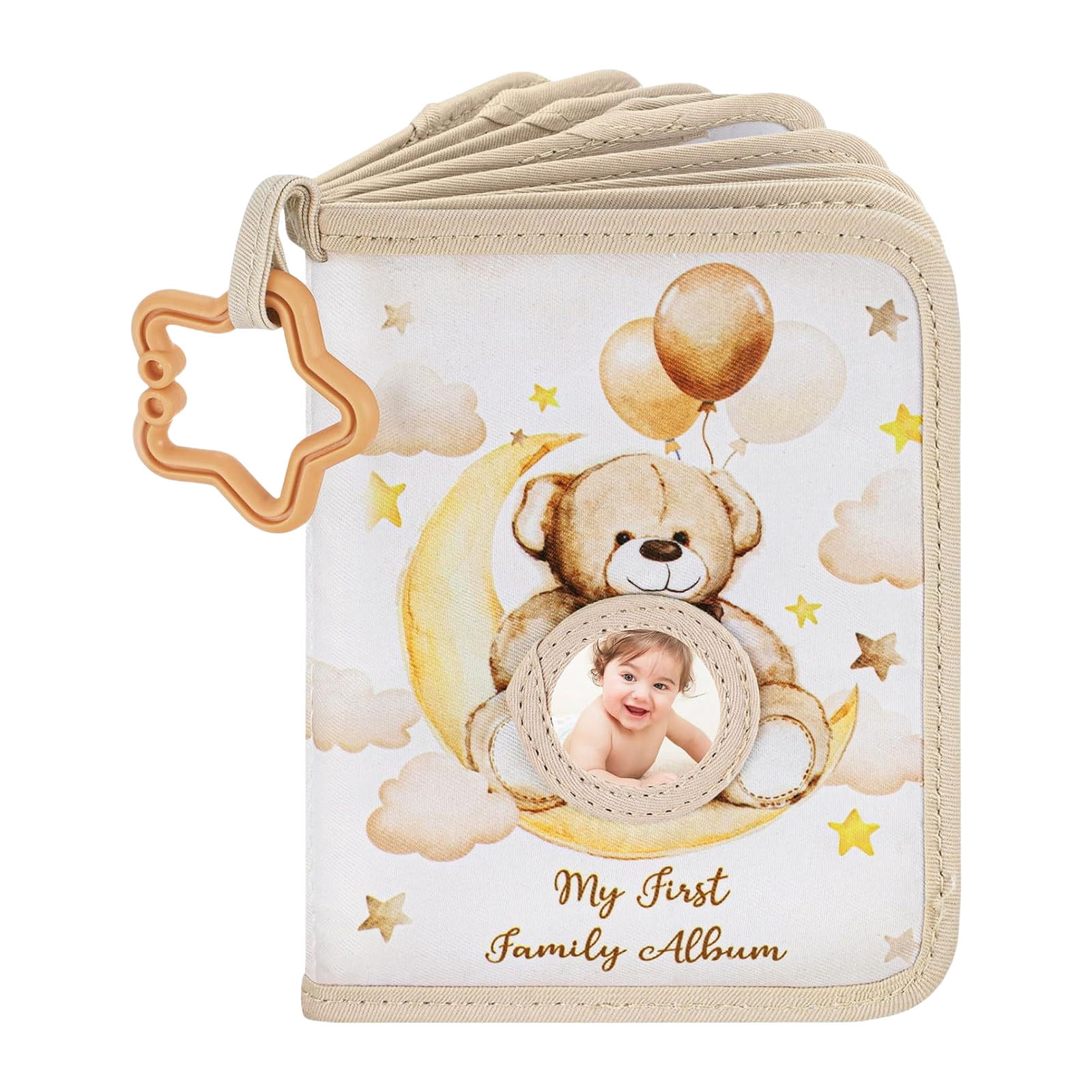 Baby Memory Photo Album with Safe Mirrored and Star Teether Rings Bear Pattern Picture Book for Infant Photography Album
