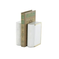 DecMode 4" Curved Rectangular White Marble Bookends with Gold Accents (Set of 2)