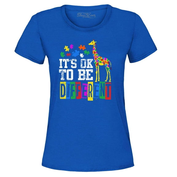 Shop4Ever Women's It's OK to Be Different Autism Awareness Giraffe Graphic T-Shirt Medium Royal Blue