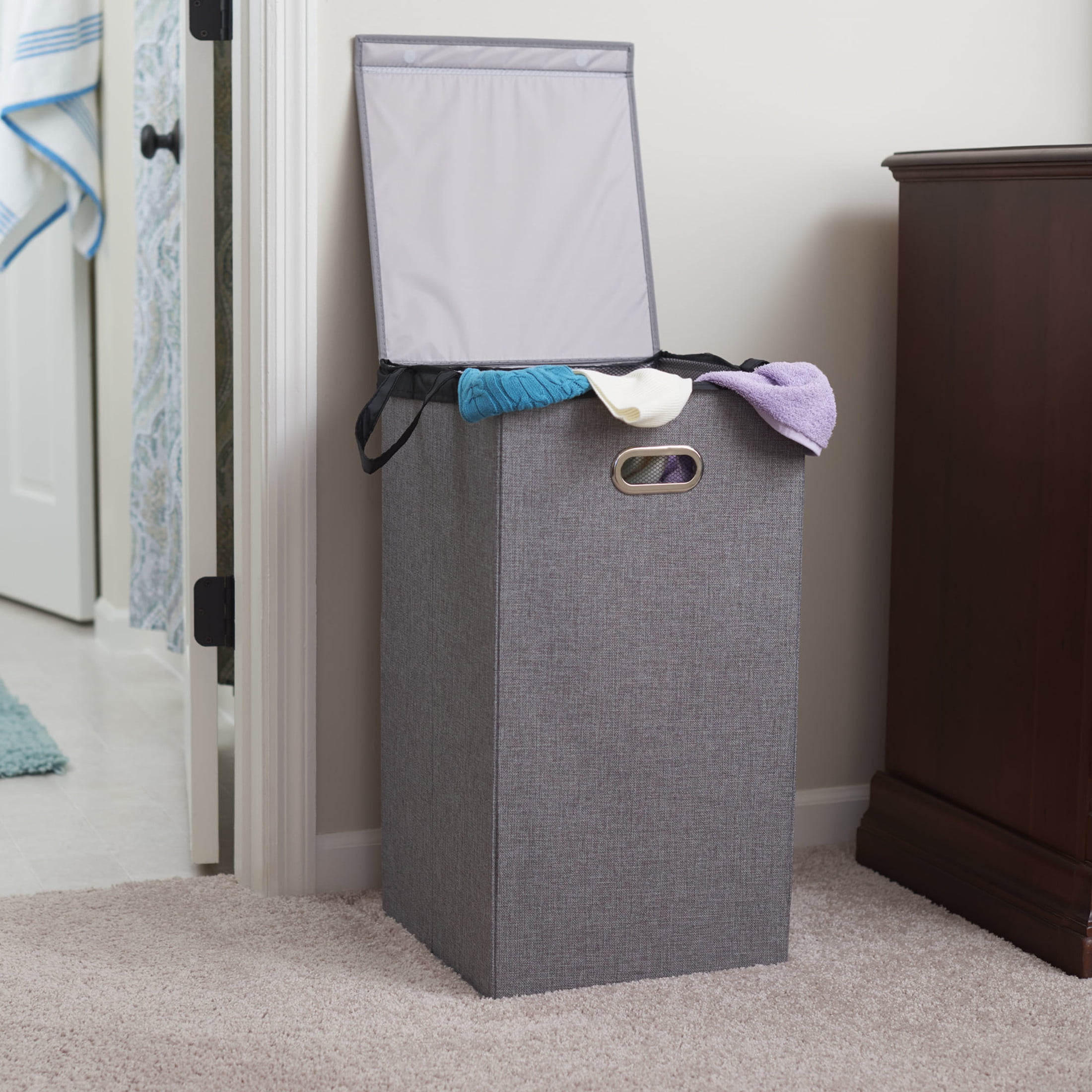 Household Essentials Laundry Hamper with Lid, Sturdy Polyester Sides with Attached Magnetic Lid, Removable Mesh Liner, Attractive Grommet Handles, Easily Transportable and Folds Flat, Gray