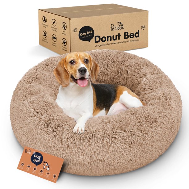 Cama para perros Donut - Comodidad premium para aliviar la ansiedad - Diseño esponjoso y calmante con soporte ultra lujoso | Acogedora cama redonda para perros con estilo circular súper suave (Camel,
