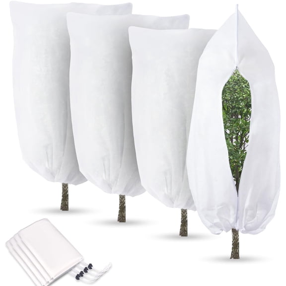 4 Pack Winter Plant Covers Freeze Protection with Zipper Drawstring, Frost Cloth for Shrubs Bush Fruit Trees, 23.6x31.5 in, White