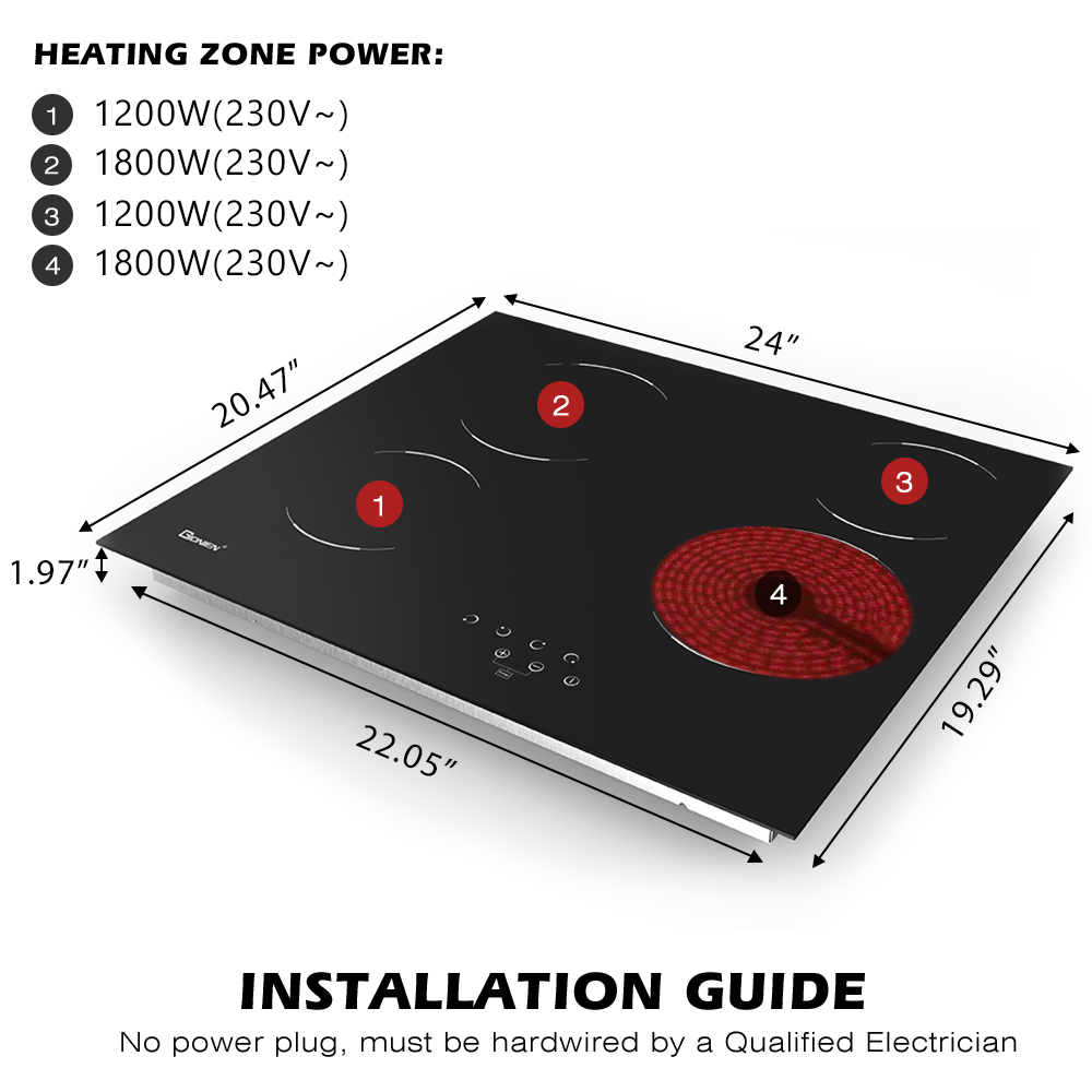 GIONIEN Electric Cooktop 4 Burner, 220V~240V Built-in 24" Ceramic Cooktop,6000W