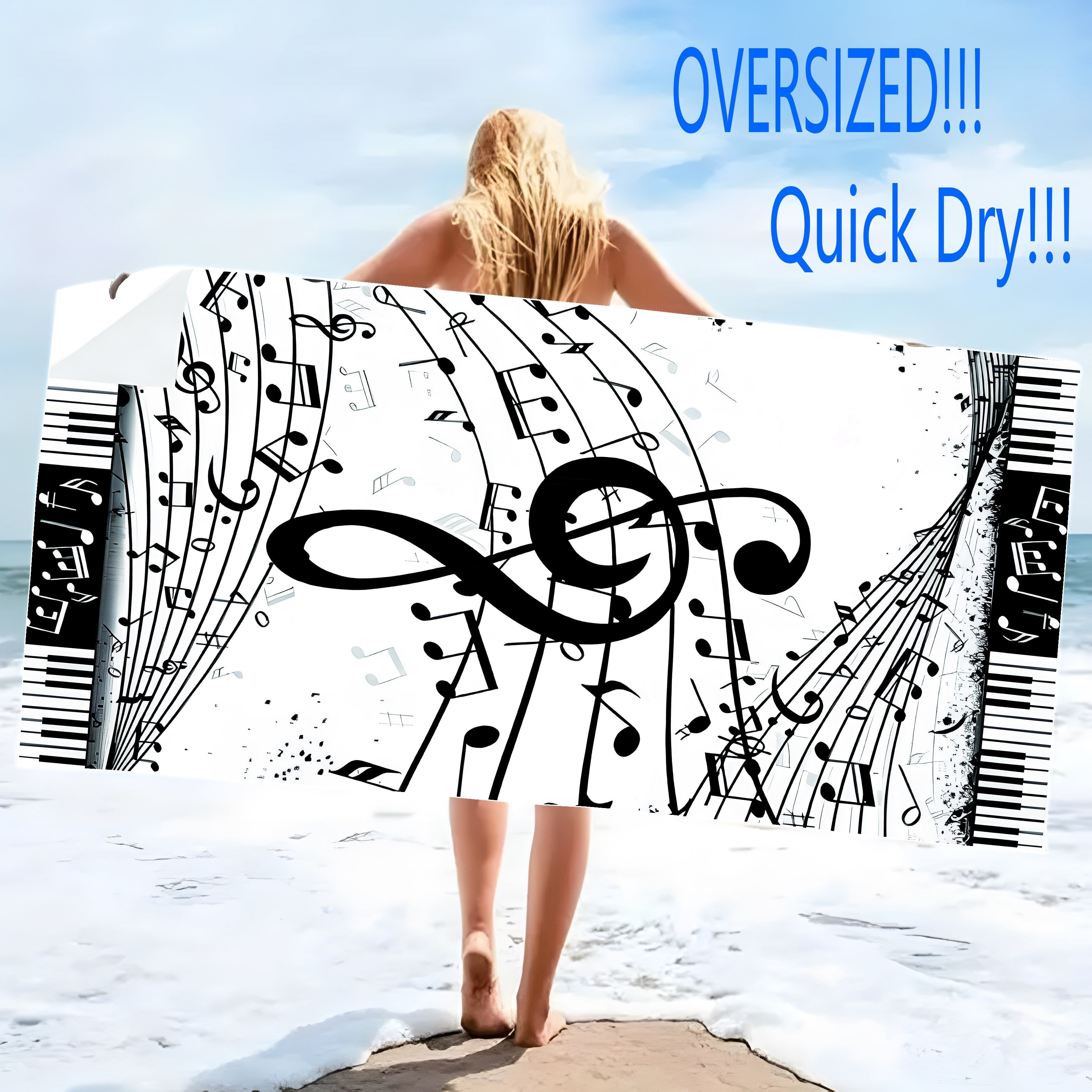 Quick-Dry Music Beach Towel Super Absorbent Bath Towels - Windproof, Microfiber, Bohemian Style Black & White Musical Notes Design - Ideal for Sports, Travel, Swimming, Yoga