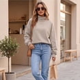 thumbnail image 5 of Mock Neck Loose Sweatshirt for Women Drop Shoulder Puff Sleeve Oversized Pullover Soft Knit Versatile Daily Athleisure Outer Top Camel XXL, 5 of 6