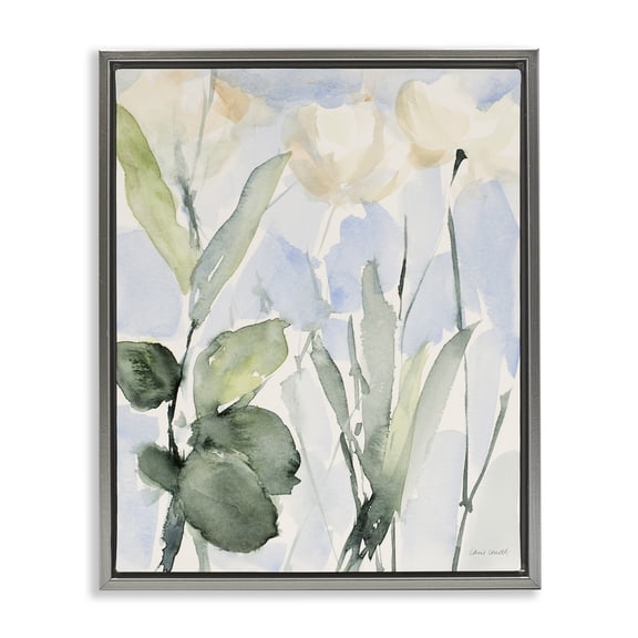 Stupell Industries Contemporary Abstract White Flowers Leaves Watercolor Effect Brushstrokes Gray Floating Frame Canvas Art, 25 x 31, by Lanie Loreth
