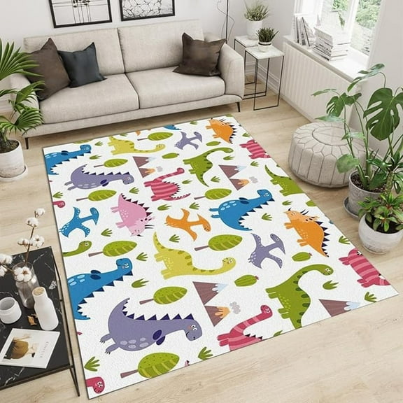 Color Cartoon Dinosaur Area Rugs, Green Cartoon Plant Soft Washable Carpet, Upholstery Rug With Non-Slip Backing For Kids Boys Girls Bedroom Living Room Dining Room Study 3x4ft