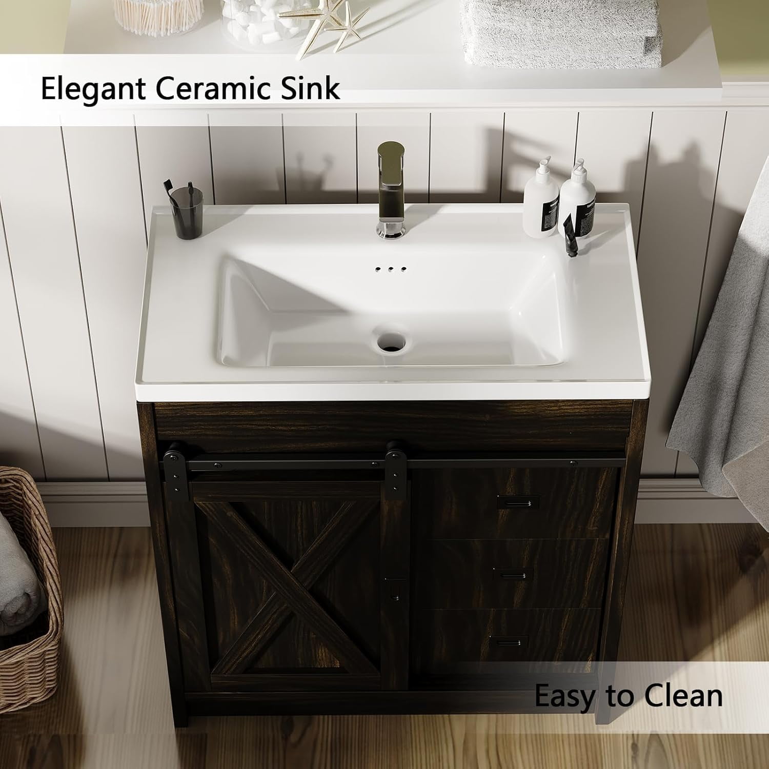 DreamCurship Bathroom Vanity with Sink Combo, White Bathroom Storage Cabinet with Drawers, Farmhouse Bathroom Vanity Cabinet with Sliding Barn Doors, Oak