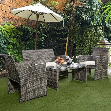 Costway 4 Pc Rattan Patio Furniture Set Garden  Sofa Cushioned Seat Mix Gray (Best Outdoor Patio Furniture Reviews)