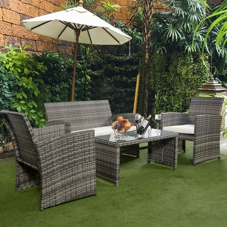 Costway 4 Pc Rattan Patio Furniture Set Garden  Sofa Cushioned Seat Mix Gray