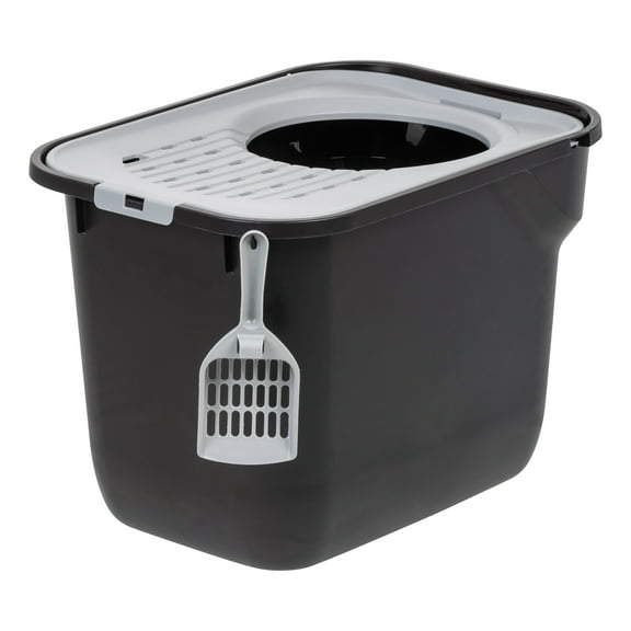 IRIS USA Square Top Entry Cat Litter Box with Litter Catching Lid, Privacy Walls and Scoop, Black