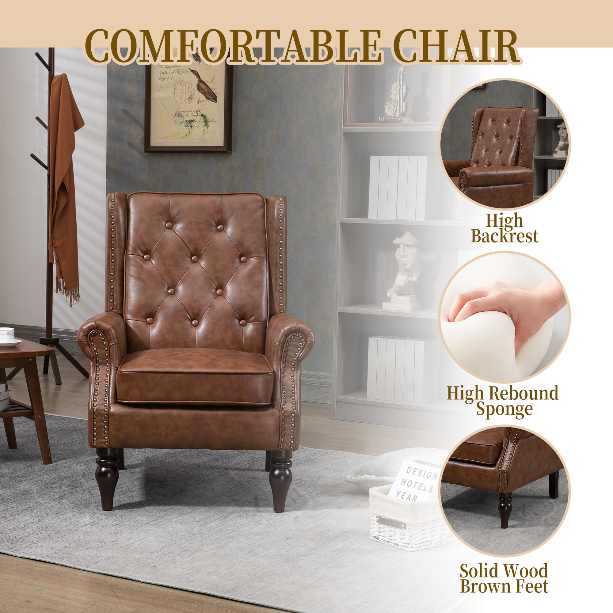 MOONMISS Mid Century Chair PU Leather Accent Armchair Tufted Button Back Rivet Trim Ergonomic Design Modern Living Room Bedroom Home Office Seating Furniture