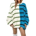 thumbnail image 1 of ORUYROP Pull à Rayures pour Femmes Col Rond Manches Longues Tricoté Bloc de Couleur Décontracté Léger, Bleu, Large, 1 of 5