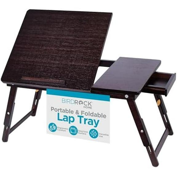 Bamboo Laptop Lap Tray with Adjustable Legs | Foldable Breakfast Serving Bed Tray | Lap Desk with Tilting Top and Side Drawer | Laptop Stand | Walnut$$Office
