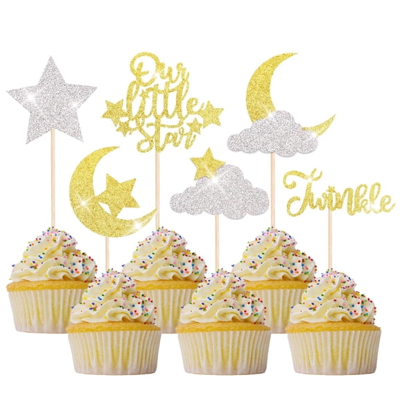 24 toppers para cupcakes con brillo YCTHUNFISH, luna y estrella