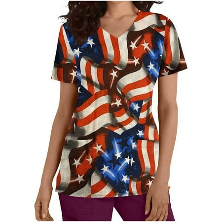 

Gallickan Scrub Tops Women Independence Day Printed V-neck Short Sleeved Workwear T-shirt Top American Day Outfit Women Fashion Deals under $15
