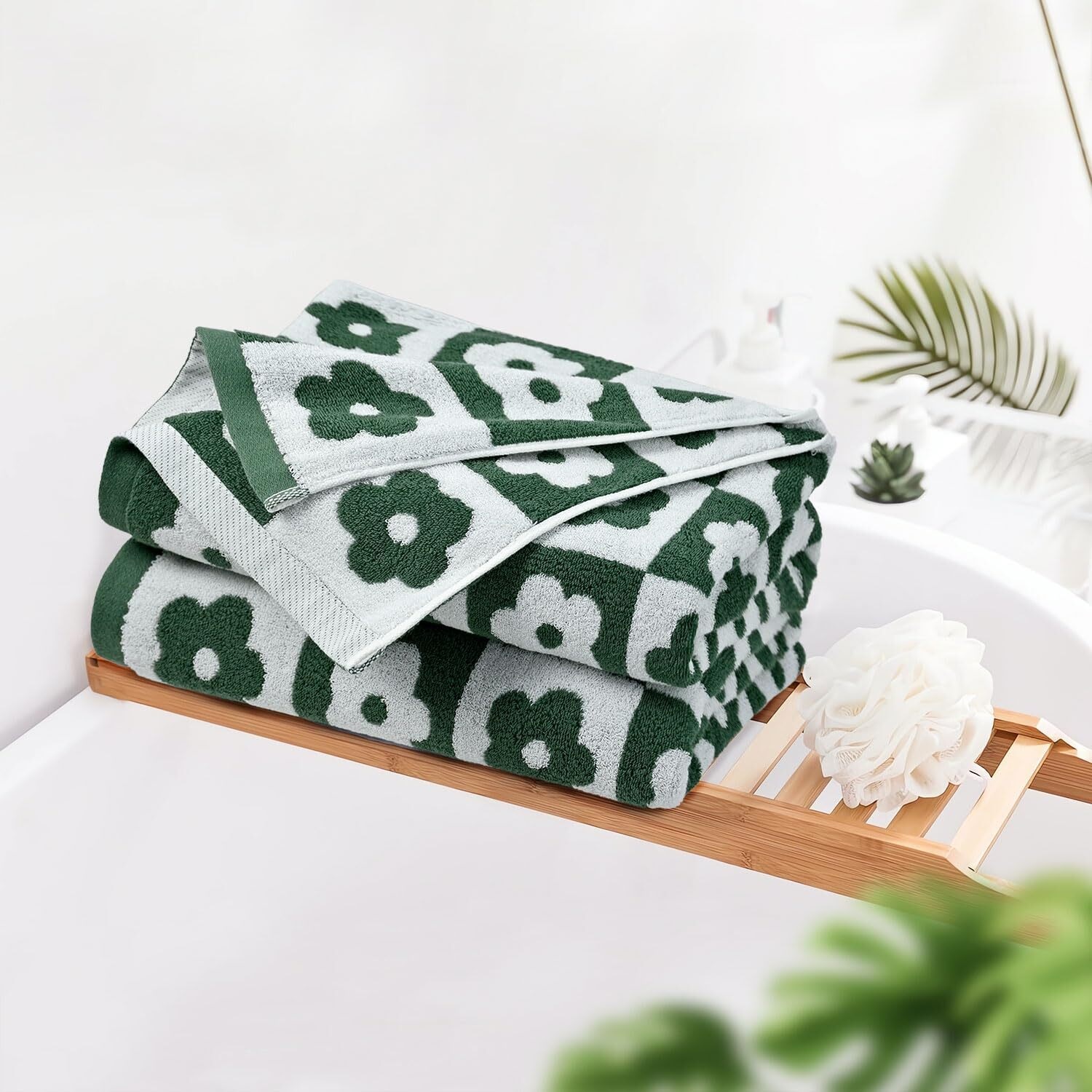 2-Pieces Luxury Bath Towels Checkered Floral, Pink Shower Towel for Women Girls 27.5x55 Inches, 100% Cotton Absorbent Body Towels