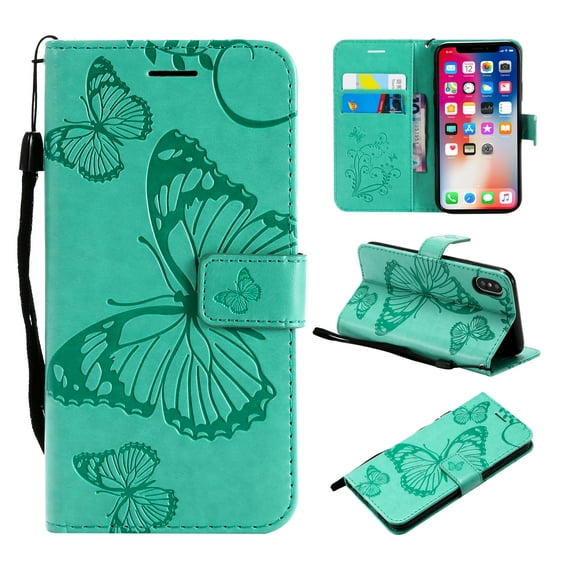 Wallet Case for Apple iPhone XR, Flip Kickstand Emboss Butterfly PU Leather Protective Phone Cover with Wrist Strap & Card Slots, Green