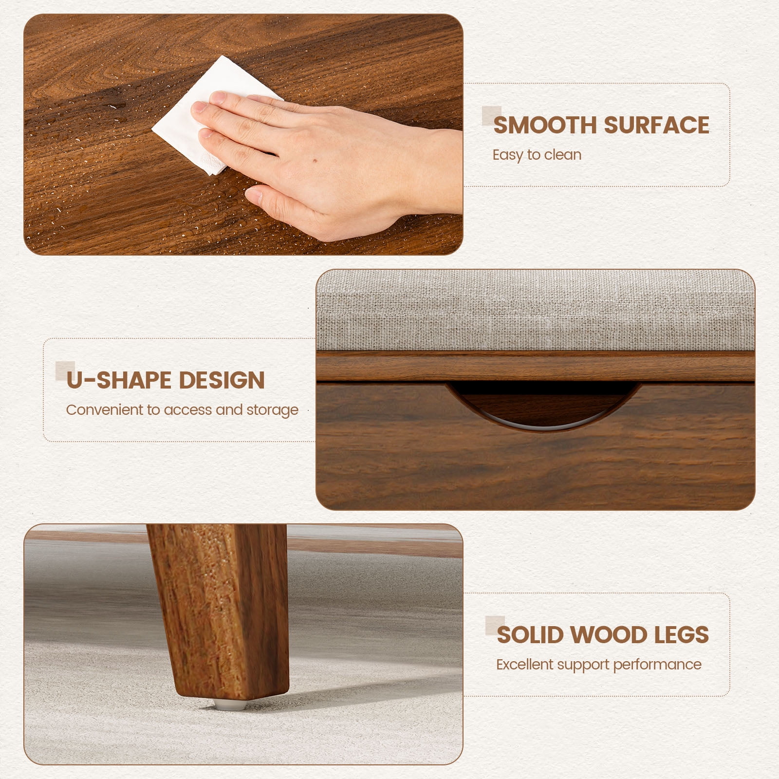 Flycity Large Square Lift-Top Coffee Table with Storage, 3 in 1 Multi-Function Convertible Ottoman Bench, Farmhouse Upholstered Coffee Table with Wooden Legs for Living Room & Bedroom (Brown)