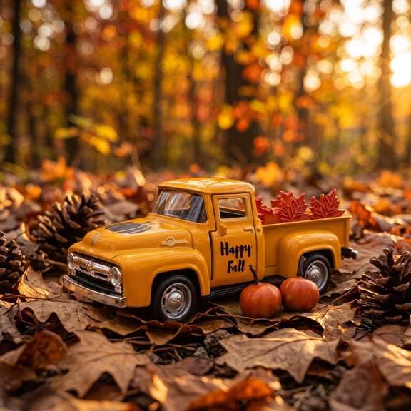 Vintage Diecast Truck Model with 2 Pumpkins and 5 Maple Leaves, Halloween Fall Table Centerpiece, 2026 Harvest Farmhouse Decoration for Home Indoor Display