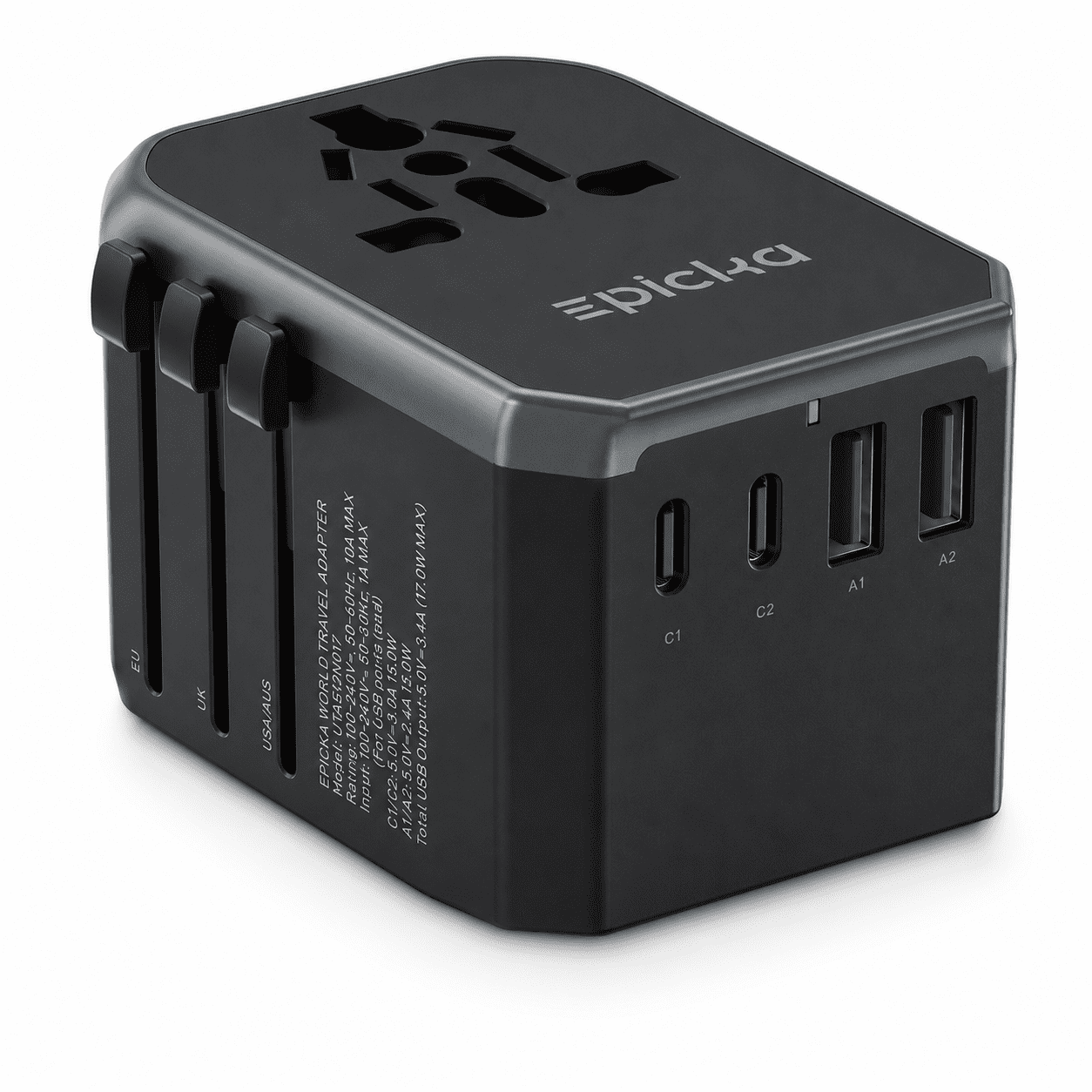 EPICKA Universal Travel Adapter with 2 USB-C & 2 USB-A Ports, 17W International Power Adapter, European Travel Plug Adapter (104e, Black)