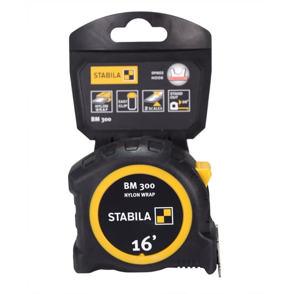 Stabila 30516 BM 300 Imperial Scale 16 Feet Pocket Tape Measure - Shatterproof PC/ABS Housing, NYLON-WRAP Blade, SPIKES Hook, Double-Sided Scale