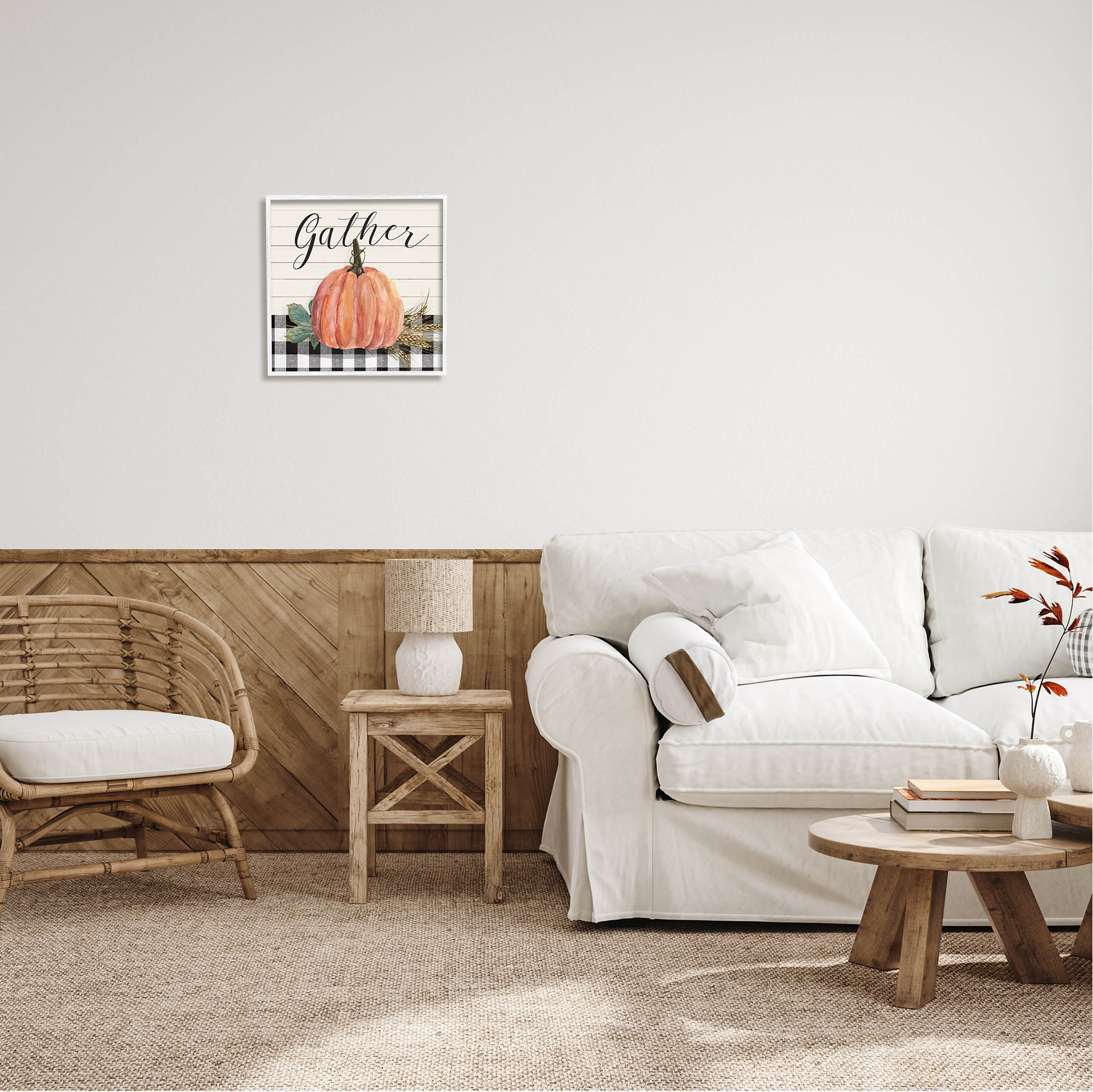 Stupell Industries Gather Seasonal Botanical Pumpkin Graphic Art White Framed Art Print Wall Art, Design by Livi Finn