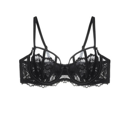 Women s Sexy Lace Bra Underwire Balconette Unlined Demi Sheer Plus SizeBlack 34A)