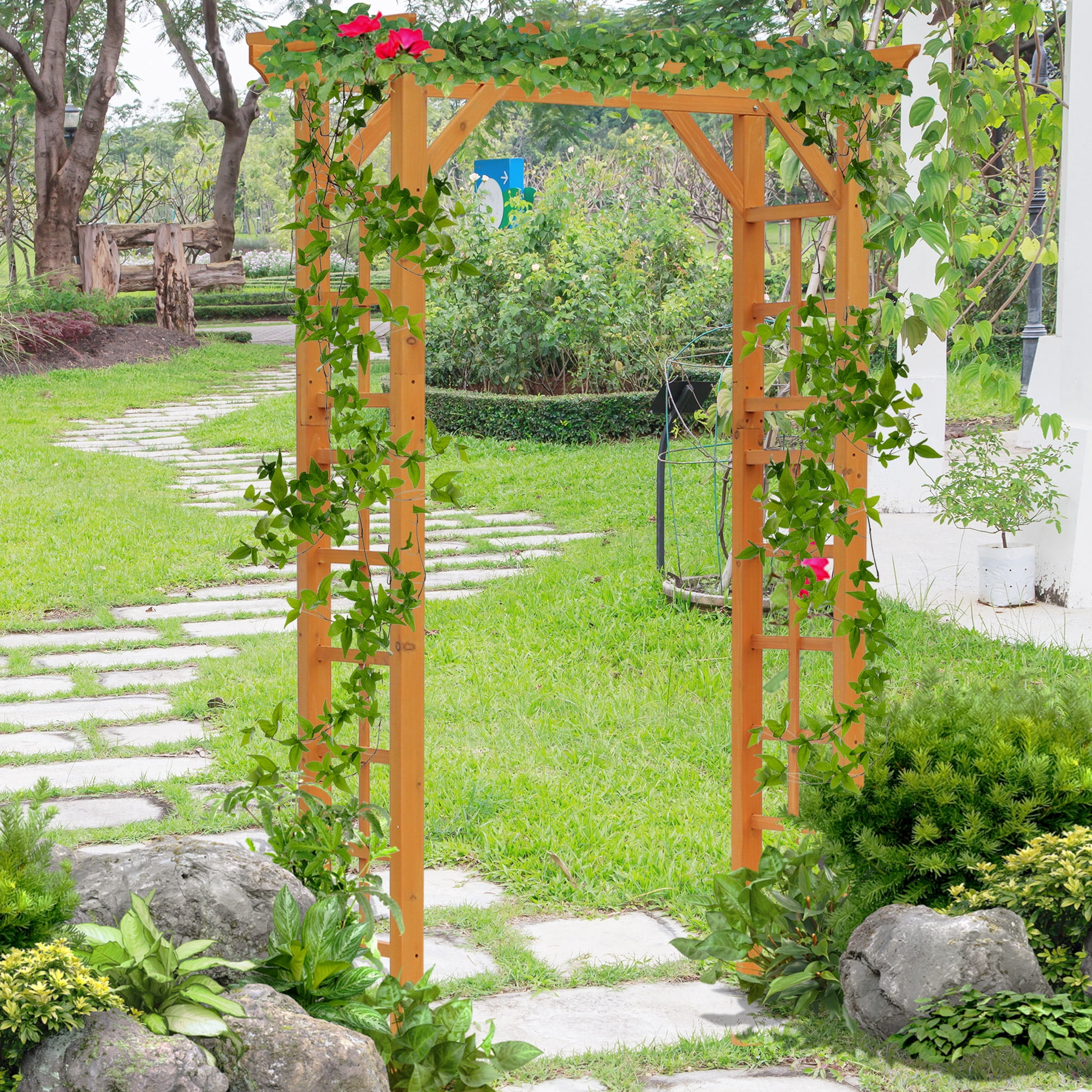 85" Wooden Garden Arbor for Wedding and Ceremony, Outdoor Garden Arch Trellis for Climbing Vines, Orange