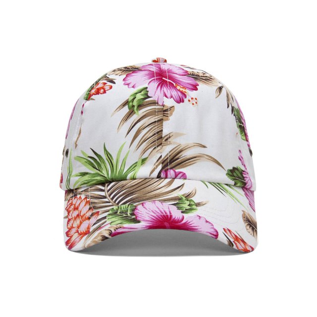 Low Profile Unstructured Floral Cap - White w/ Pink Flowers