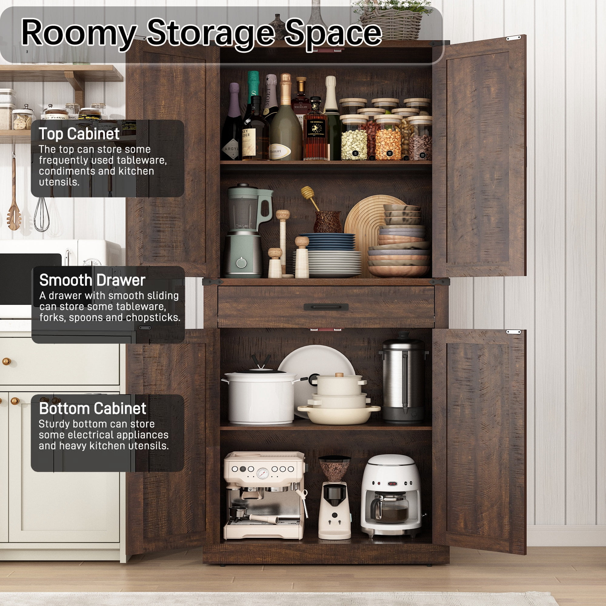 72" Tall Kitchen Pantry, Farmhouse Pantry Cabinet with 1 Drawer & 4 Layer Adjustable Shelves, Rustic Wood Storage Cupboard with Metal Load-Bearing Pipe for Kitchen Bathroom Living Room Hallway