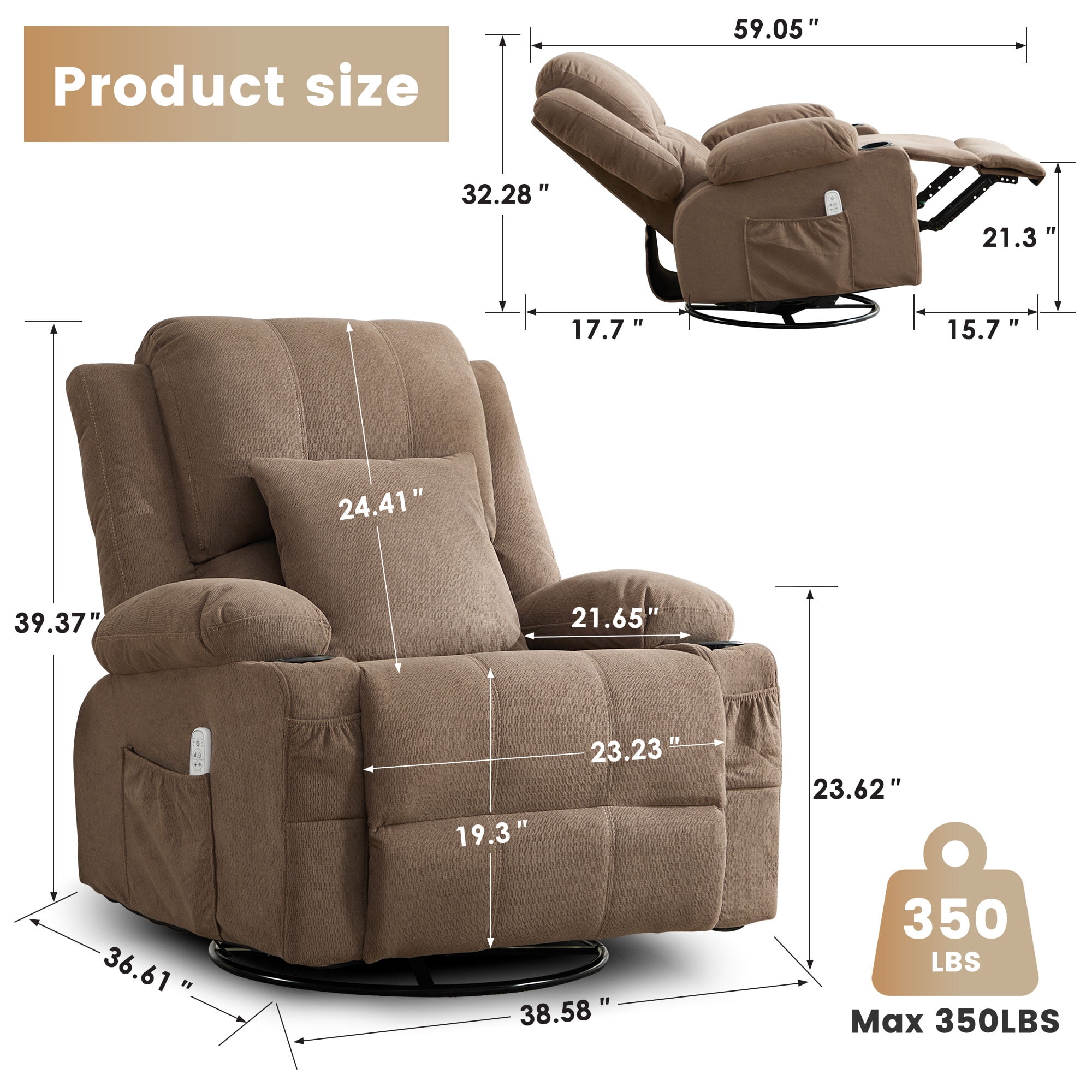 JONPONY Kneading Massage Rocker Recliner Chair with 4-Point 3D Kneading Massage and Heat Ergonomic Lounge Chair for Living Room with Rocking Function and 2 Cup Holders, USB Charge Port,Brown