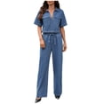 thumbnail image 3 of Dazajoo Women's Two Piece Denim Set Short Sleeve Lapel V Neck Pullover Top and Elastic Waist Wide Leg Jeans Fall Fashion Outfit Suits Blue,L, 3 of 9