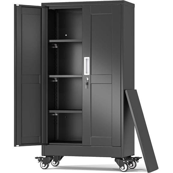 Metal Garage Storage Cabinet, 46”Tall Rolling Utility Cabinet Black | storage system with Wheels, Lock, 3 Adjustable Shelves, Heavy Duty Steel Tool Locker for Home Office, Utility Room, Gym