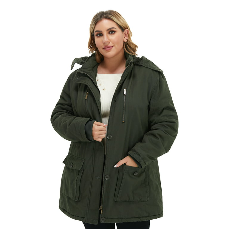 Soularge Women's Plus Size Winter Thickened Puffer Coat with Removable Hood  (Army green, 2X)
