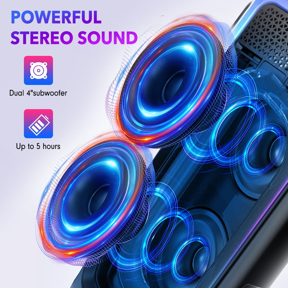 VTIN Portable Bluetooth Party Speaker, Handheld Dual 4‘’ Speakers Party Stereo Subwoofer RGB Lights Karaoke Heavy Bass for Karaoke Camping Party Singing