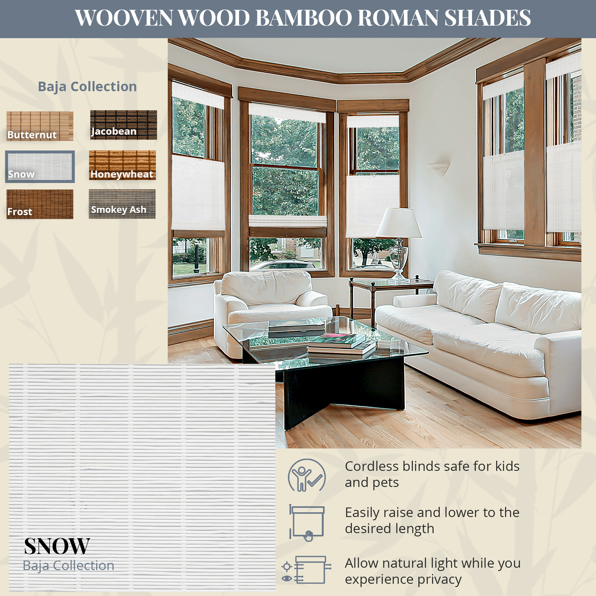 Natural Woven Top Down Bottom Up Cordless Bamboo Roman Shades for Windows, 29 in. W x 36 in. L, Snow