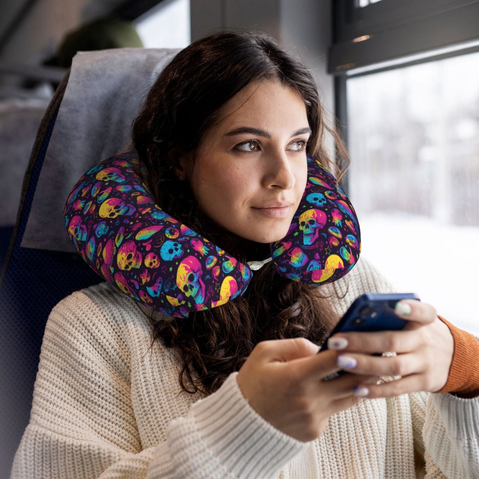 Xecao colorful Skull Retro Print Memory Foam Cervical Neck Pillow Versatile U-Shaped Pillows for Home,Office,Camping,Travelling,Soft Washable Cover