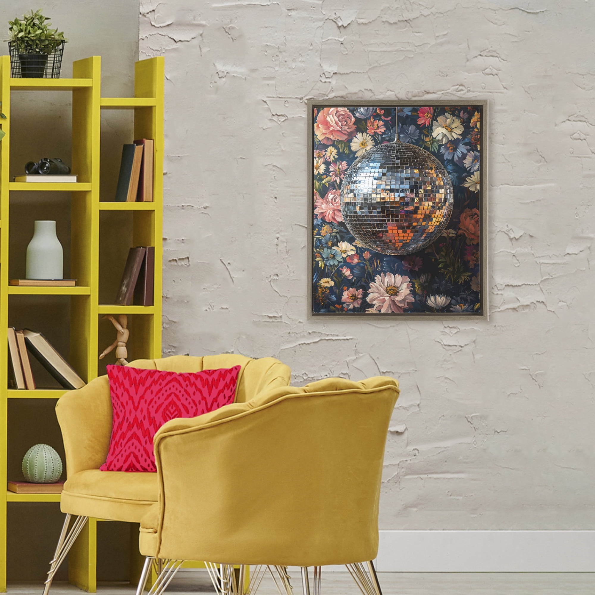 Stupell Industries Floral Disco Ball Reflection Brown Framed Floater Canvas Wall Art, design by LSR Design Studio