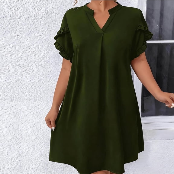 Fznquz Summer Dresses for Women Casual Midi 2026 Green A-Line Ruffle Sleeve Loose V Neck Short Sleeve Women Spring Fashion