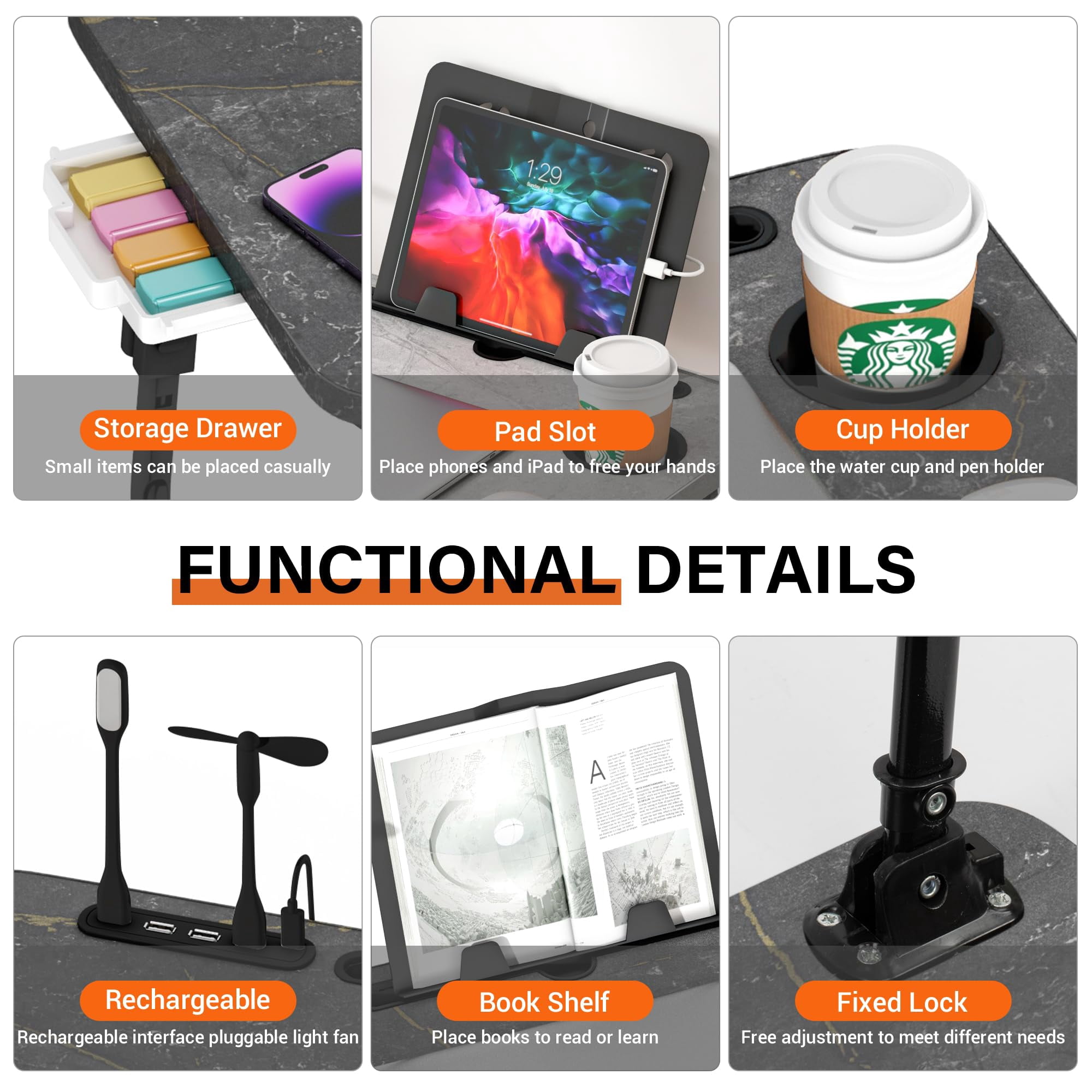 Laptop Desk For Bed Height Adjustable  Lap Table With Usb/storage Drawer/cup Holder/tablet Stand/book Shelf Foldable Breakfast Tray Portable Reading Writing Sofa & Floor Deep Stone Texture