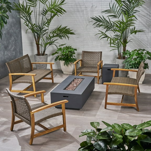 Noble House Augusta 6-Piece Outdoor Wood and Wicker Loveseat Set in Mocha/Gray