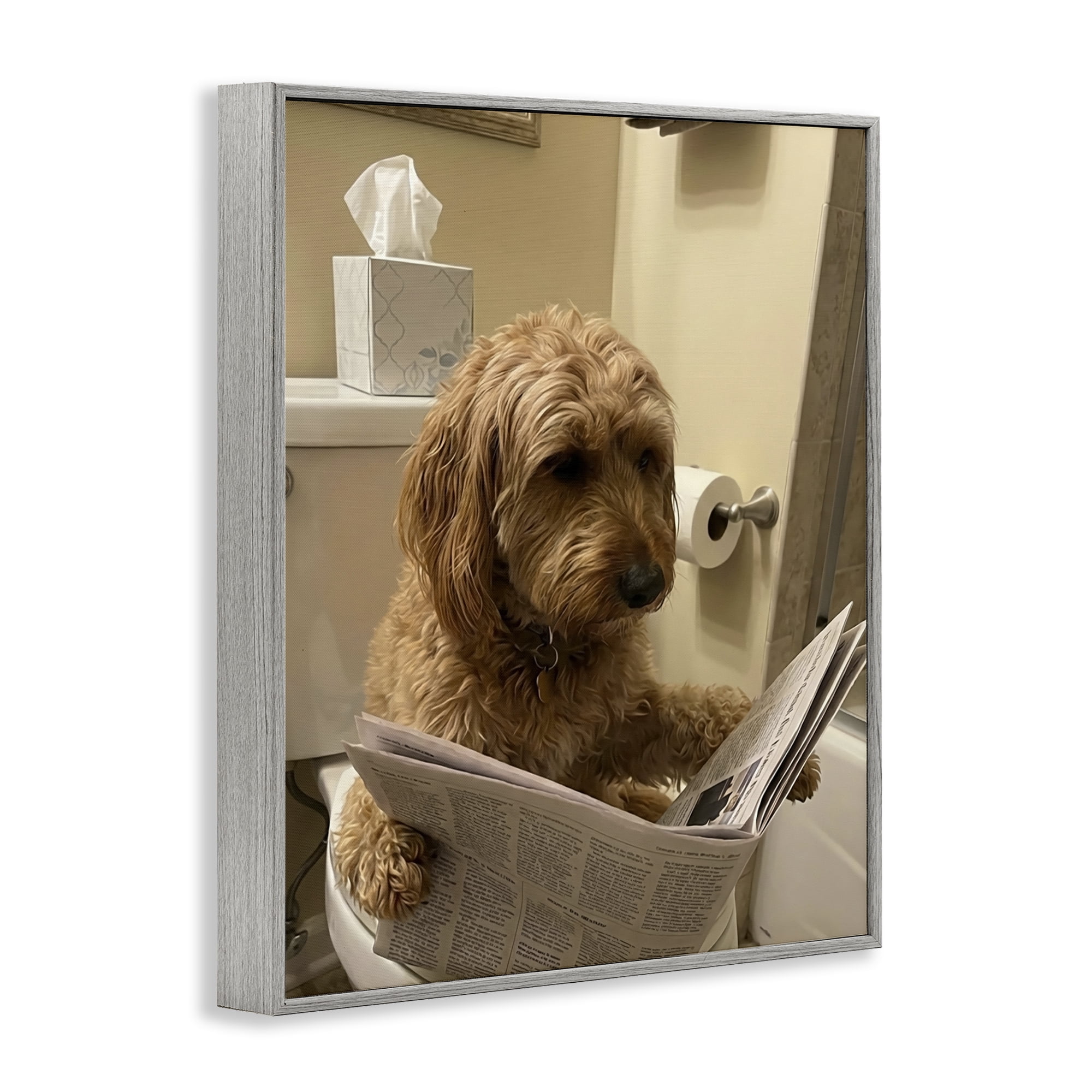 Stupell Industries Dog & Paper on Toilet Gray Framed Giclee Art, design by Abigail Walker